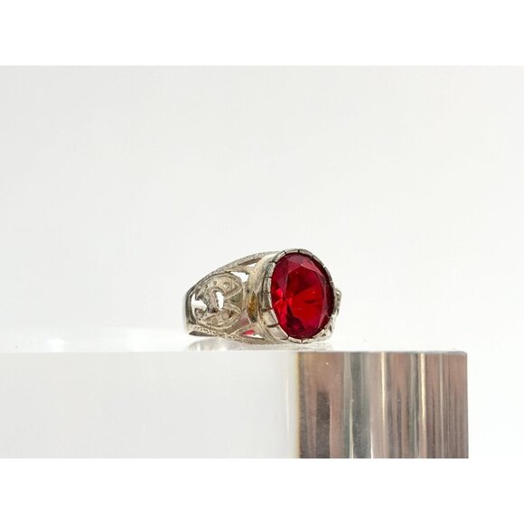 Natural Garnet Oval Cut Gemstone Carved Sterling Silver Vintage Ring - sz 10 - Picture 3 of 10